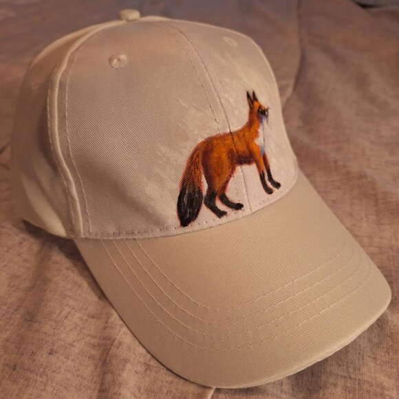 Hand-Painted Fox Hat on White Baseball Hat. - Picture 2 of 10